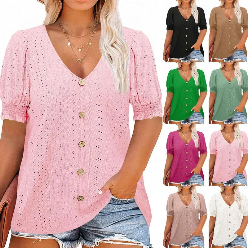 【XL-5XL】Plus Size Curve Imily Bela Curve Womens Plus Size Tunic Tops V Neck Short Puff Sleeve Tops Casual Summer Eyelet Blouses