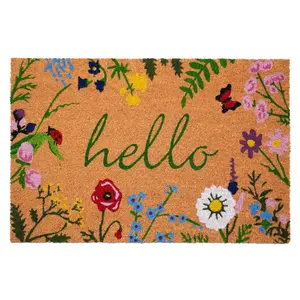 Floral Hello Doormat - Floral Design with "hello" Text, Featuring Flowers, Leaves, and Butterflies on Brown Background