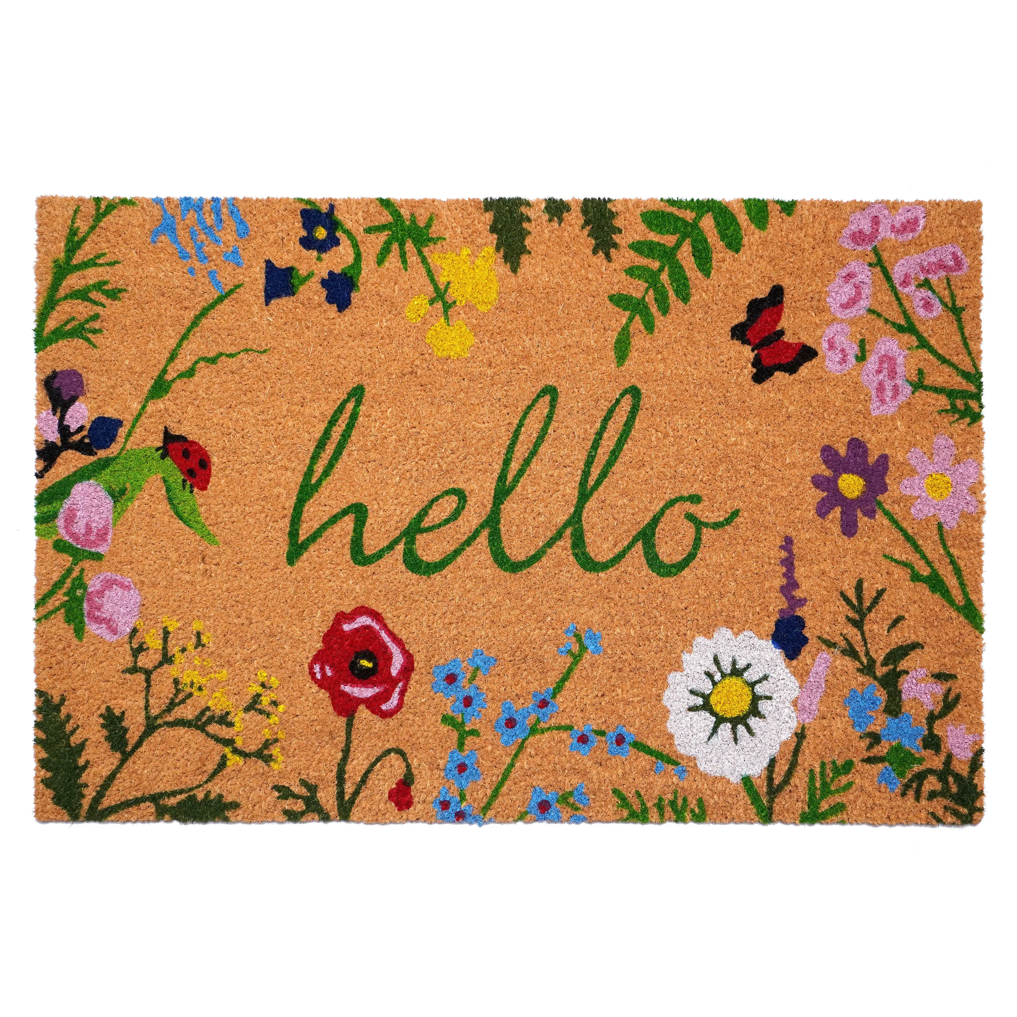 Floral Hello Doormat - Floral Design with "hello" Text, Featuring Flowers, Leaves, and Butterflies on Brown Background