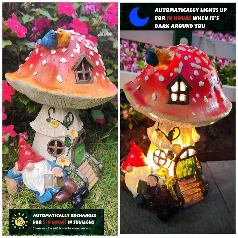 11 Inch Solar Mushroom Fairy House Resion Outdoor Statue Lamp Light Gnome Theme Garden Decor Seasonal Gardening Art for Housewarming Gifts Spring Outdoor Decoration for Patio Garden Balcony