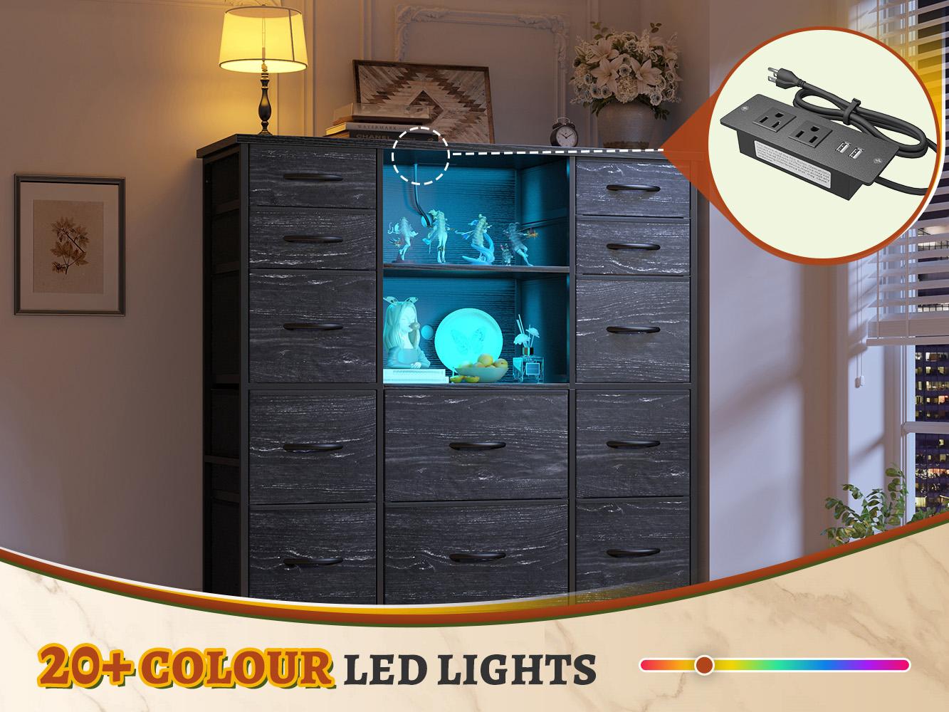 Raybee Furniture 51" H Dresser with 15 Drawers Dresser for Bedroom, with Charging Station & LED Lights & Hutch Sturdy, Steel Frame, Wood Top