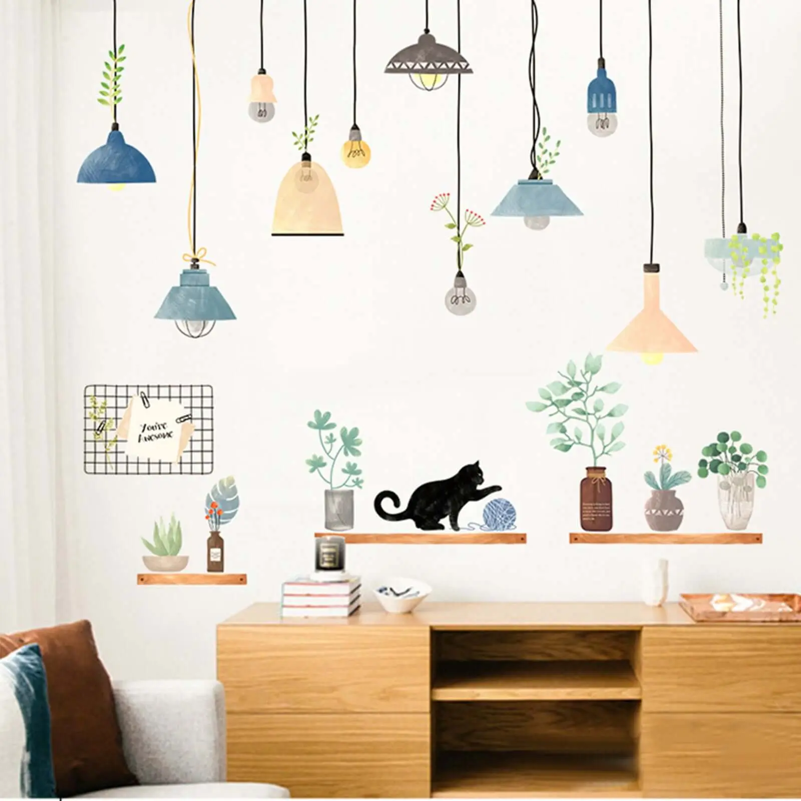 Potted Plants, Shelves and Lamps Decorative Wall Sticker, Self-Adhesive Wall Art for Room Decoration, Peel-Stick Tiles Sticker for Home Supplies, Self Adhesive Stickers