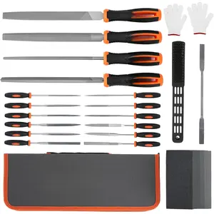 32 count Metal File Set - 4 Metal Files for Steel and 12  Files with Steel Brush, Tool Bag, Riffler File, 12 Sandpaper and Gloves, Suitable for Metal and  Processing