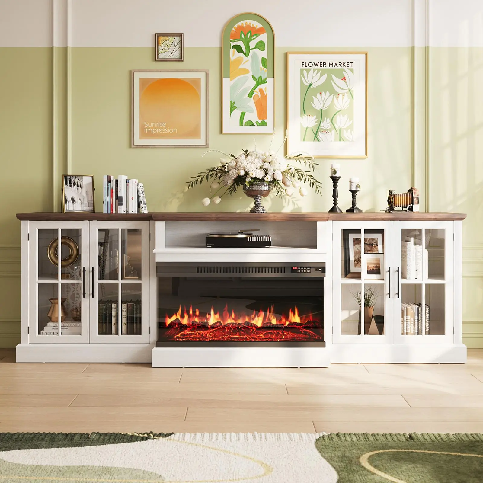 【3 Packages Shipping】98" Farmhouse TV Stand with 36" Fireplace for TVs up to 100", Media Entertainment Center with Adjustable Shelves and Large Storage Cabinets, for Living Room, White & Black