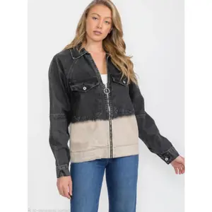 Women's Polyester Long-Sleeve Zip-Up Denim Jacket - Front Pockets, Graphic Colorblock Design, New With Tags