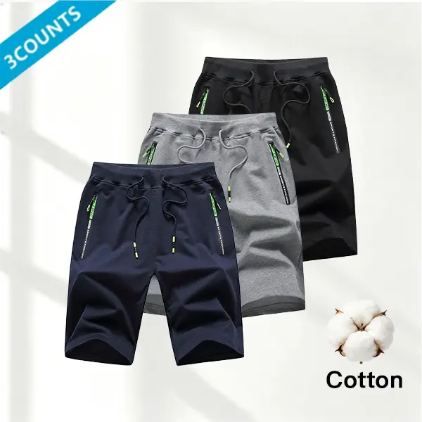 3-pack — men’s cotton blend shorts, 70% cotton, 25% polyester, 5% polyurethane elastic fiber (spandex); loose drawstring waistband; breathable with a sporty feel; suitable for summer outdoor wear; solid-color breathable shorts.