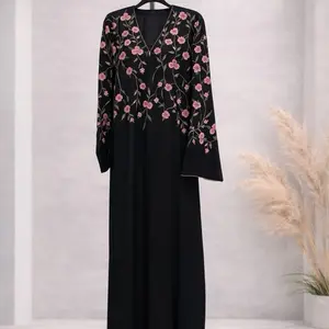 Dubai Abaya - Brown Dress with Pink Floral Embellishments and Chain Detailing