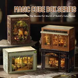 Wooden Dollhouse Kit Book Stand Handmade DIY Assembly with Hut Lighting MINI Fantasy Rubik's Cube Creative Birthday Gift Toys Home Furnishing Collection Scene Building