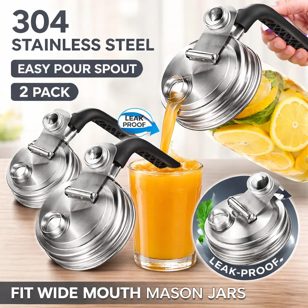 Solid Metal Reusable Jar Lids 2-Pack - Stainless Steel Wide Mouth Flip Cap with Handle, Leakproof Airtight Seal, Fits 3.4" Jars for Drinking (Mason Jars NOT Included)