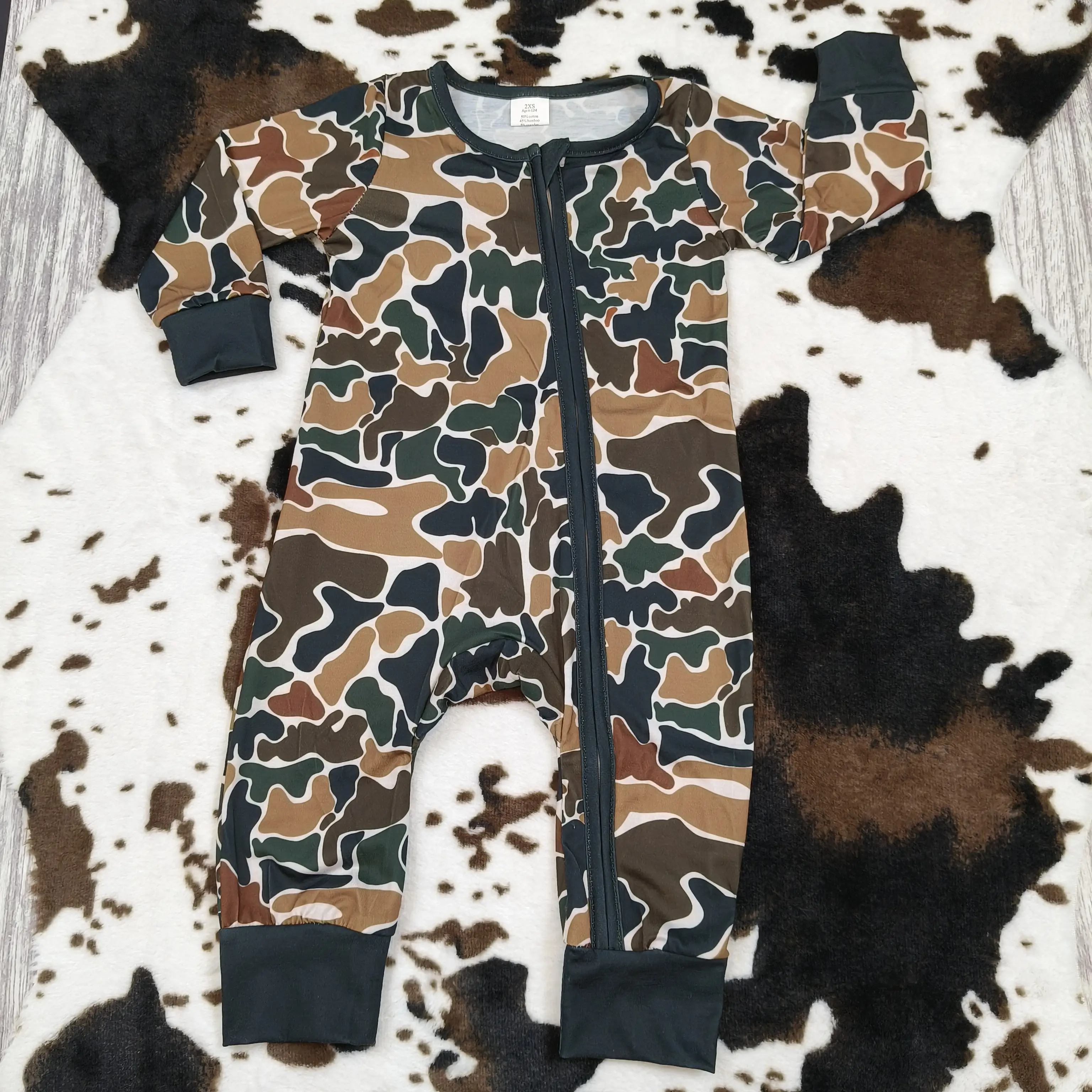 LR1453--huting camo long sleeve brown zipper baby boy romper Toddler Outfit Casual