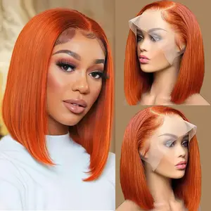 #350 Ginger Bob Lace Front Wig Human Hair 13x4 Lace Frontal Wigs Pre Plucked With Baby Hair Short Straight Bob Wig for Women 180% Density Brazilian Orange Ginger Wig