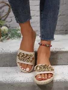 Women's Luxurious Metal Chain Sandals, Rhinestone Decorated Thick Sole Slippers, Fashionable Outdoor Beach Shoes