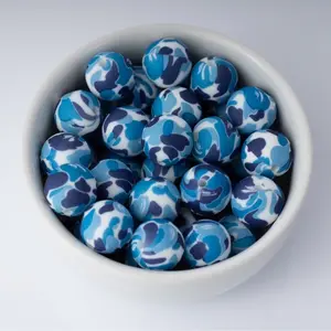 Blue Camo Silicone Beads Printed Round Silicone Beads
