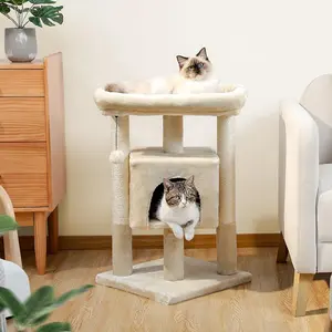 25" Compact Cat Tree with Spacious Top Perch and Large Apartment, Sisal-Covered Scratching Posts and Plush Hanging Balls, Accommodates 2 Cats