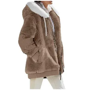 Autumn and Winter Loose Plush Long-sleeved Zipper Pocket Hooded Warm Jacket Women