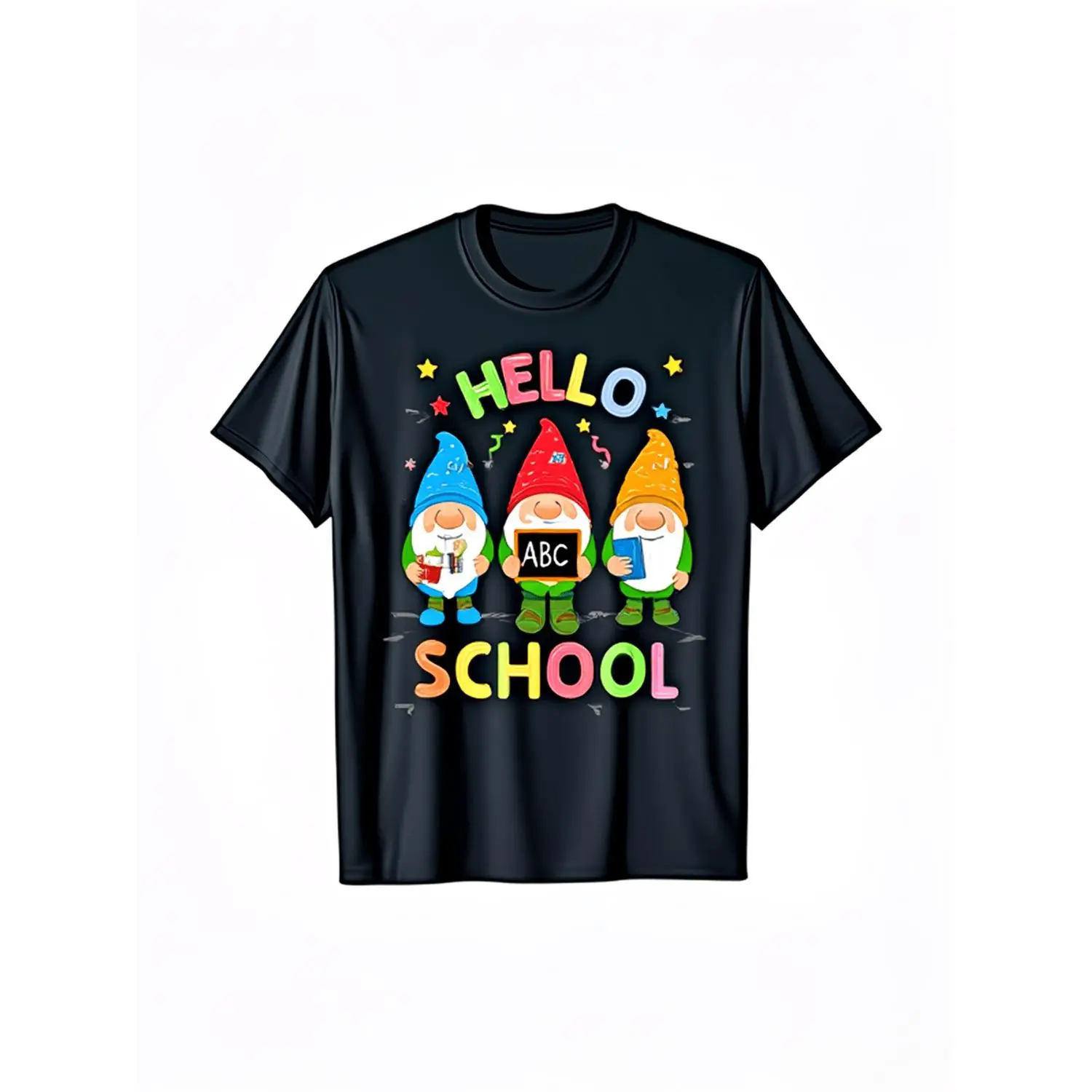 Hello School Fun Teacher and Student Cotton T-shirt Featuring Black Background and Colorful Gnome Prints Perfect for Classroom Parties Back to School Events and Casual Wear Playful Design Comfortable Fit Short Sleeve Top for School Staff