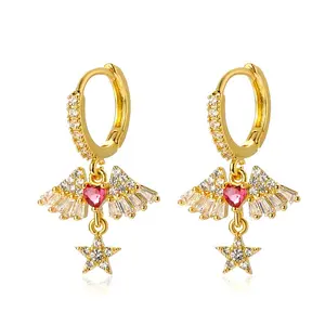 FlashyStudioNYC Gold Angel Wing Huggie Earrings with Heart Star Dangles - Women's Baroque Retro Elegant Casual Costume Jewelry (Elf, Fairytale, Princess Themed)