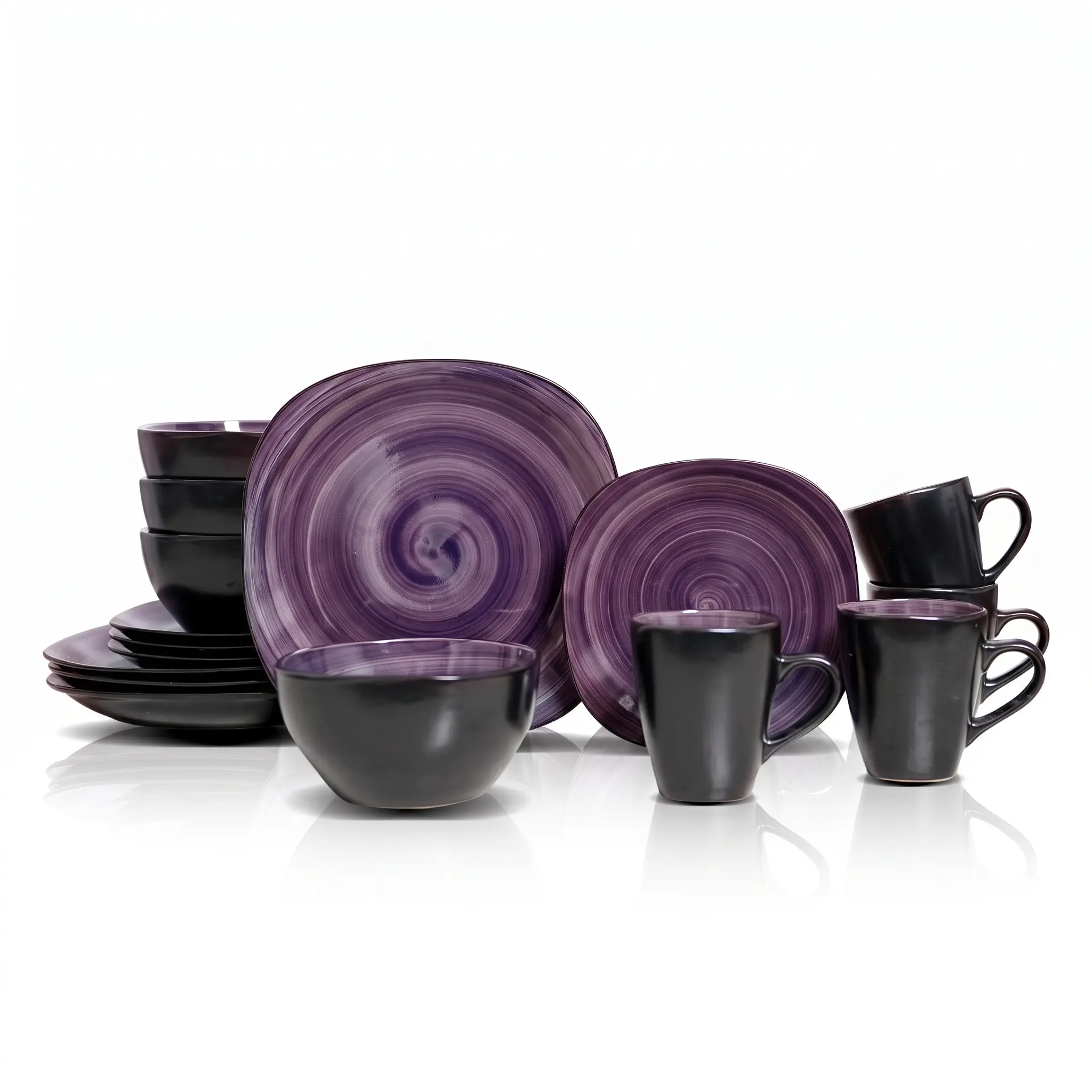 HomeVSS 16-Piece Oven-Safe Stoneware Tableware Set - Square Shape, Swirl Design - Includes Plates, Bowls, Mugs - Ideal for Everyday Kitchen Table Use