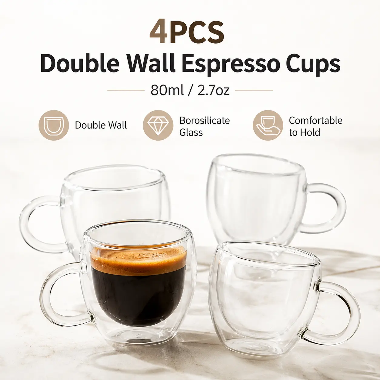 4Pack - 2.7oz Double-Walled Glass Coffee Cups with Handles, Clear Espresso Cups, Essential for Beverages, High-Borosilicate Glass, Tea Cups, Cappuccino Cups, Latte Cups, Crystal Glasses, Coffee Cups, Handheld Cups, Compatible with Espresso Machines
