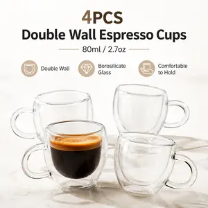 4Pack - 2.7oz Double-Walled Glass Coffee Cups with Handles, Clear Espresso Cups, Essential for Beverages, High-Borosilicate Glass, Tea Cups, Cappuccino Cups, Latte Cups, Crystal Glasses, Coffee Cups, Handheld Cups, Compatible with Espresso Machines