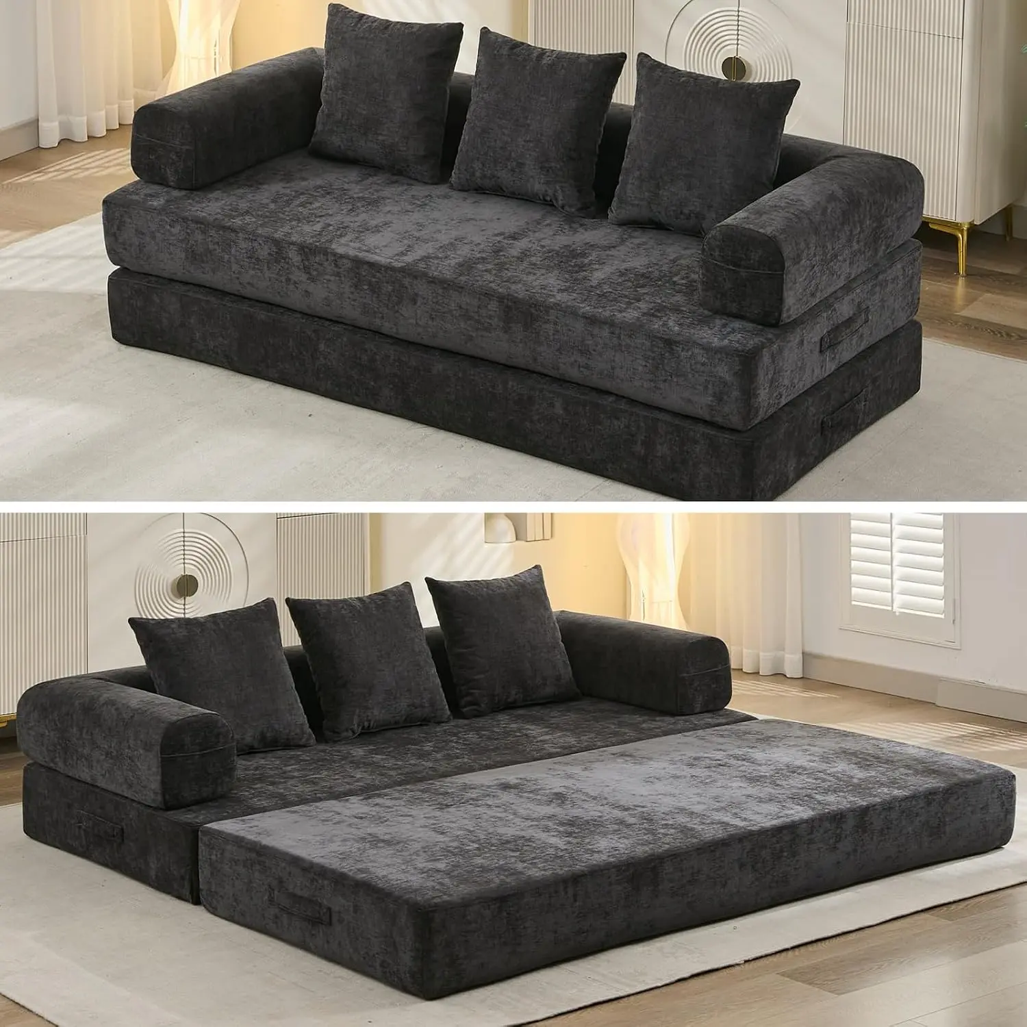 79 in Convertible Sofa Bed Couch, Chenille Floor Sofa with 3 Comfy Pillows, Removable Armrests, Foldable Couch-in-a-Box for Living Room, Bedroom, No Assembly (Black)