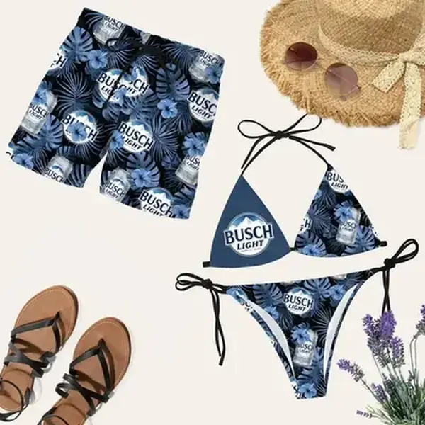 BEER Tropical Forest Matching Couple Swimsuit Set – Beer Lover Bikini & Men’s Swim Trunks, Summer Hawaii Outfit, Honeymoon Beachwear