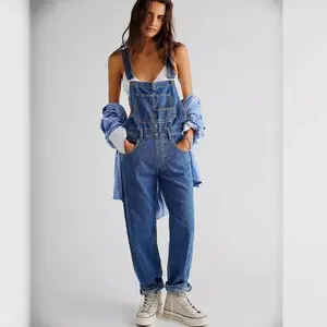 Women's Casual Washed Loose Denim Overalls with Straps and Buttons, Party Cold-Wash Jeans Bottoms