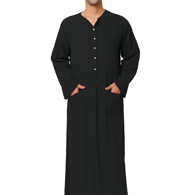 INSPIRE CHIC Men's Cotton Nightshirt - Men's Nightwear & Loungewear, Casual Long-Sleeved Gown with Side Split, Pockets, Breathable Fabric