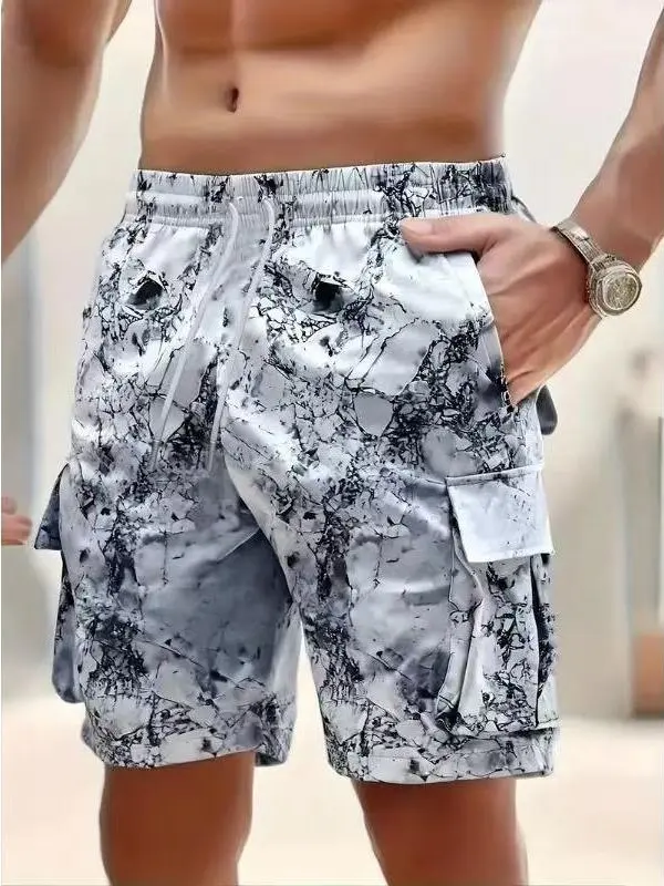 Men's Stylish Marble Print Quick-Dry Cargo Shorts, Casual Menswear Fashion Apparel with Multi-Pockets for Streetwear, Graphic Print Shorts