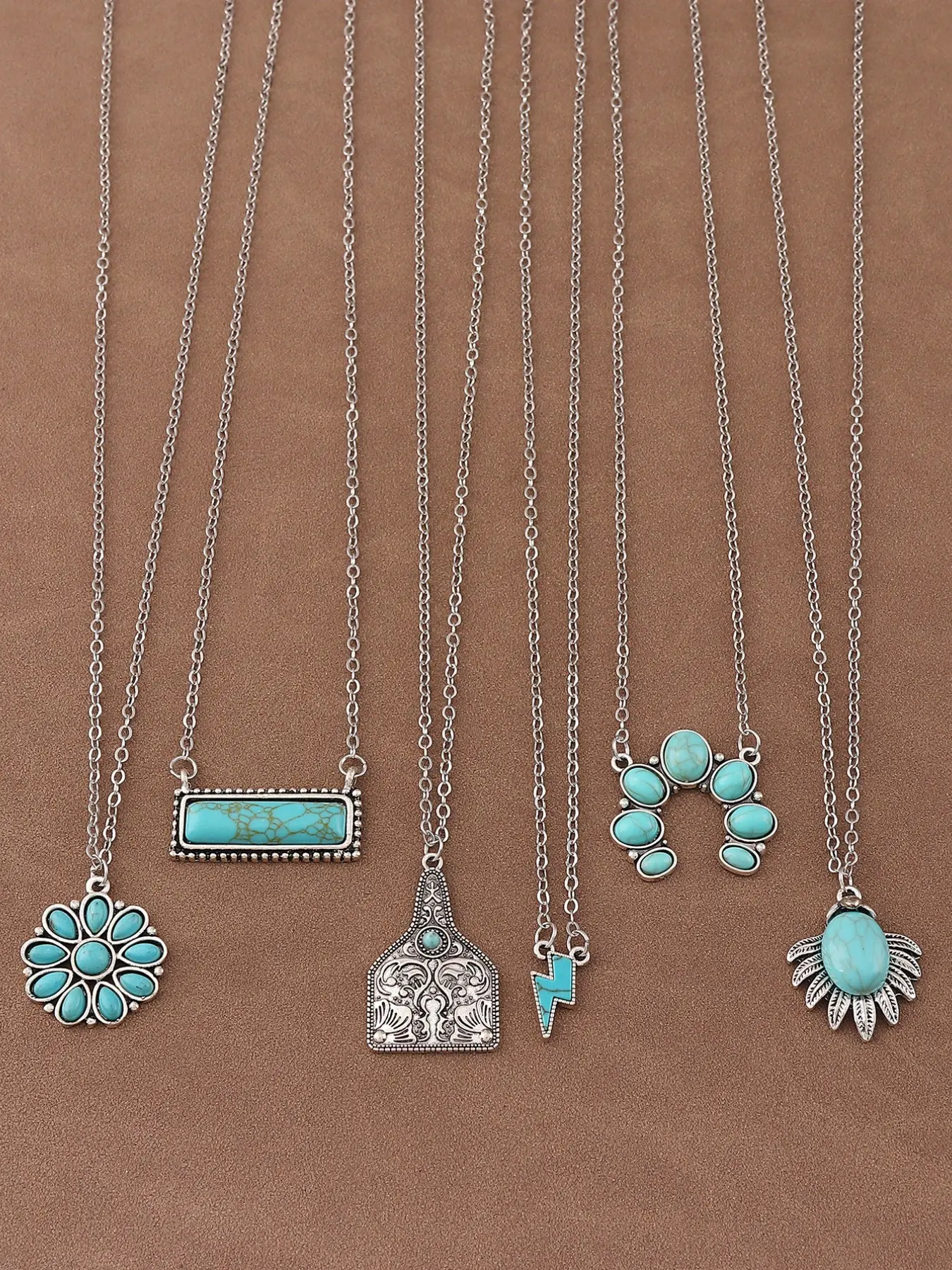 6pcs/Set of Retro Western Cowboy Style Turquoise Charm Pendant Design Chain Necklace Suitable for Women's Daily Wear Necklets