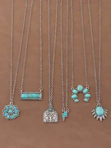 6pcs/Set of Retro Western Cowboy Style Turquoise Charm Pendant Design Chain Necklace Suitable for Women's Daily Wear