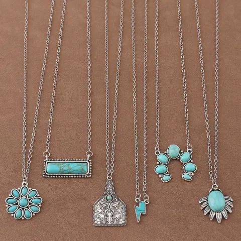 6pcs/Set of Retro Western Cowboy Style Turquoise Charm Pendant Design Chain Necklace Suitable for Women's Daily Wear Necklets Necklace Stack