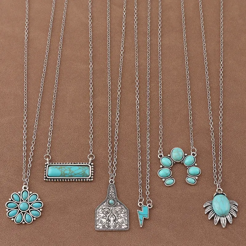 6pcs/Set of Retro Western Cowboy Style Turquoise Charm Pendant Design Chain Necklace Suitable for Women's Daily Wear Necklets Necklace Stack