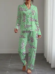 Women's Leopard Tiger Print Sleepwear Set, Leopard Print Pajamas, Long Sleeve Open Front Top & Loose Elastic Pants, Casual All Season Home Wear