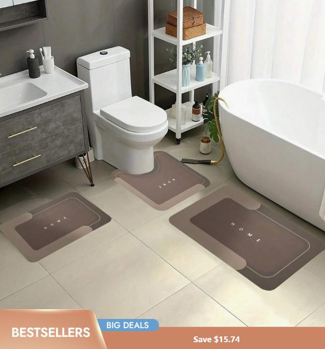 3-Piece HOME Design Bathroom Mat Set, Super Absorbent Microfiber Bath Rugs, Non-Slip Machine Washable U-Shaped Contour & Rectangular Floor Mats For Shower, Toilet, Hotel & Dorm
