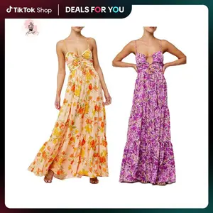 Women’s long beach dress, sleeveless, thin shoulder straps, front cross tie, printed mid-length dress for outdoor activities GARMENTARY