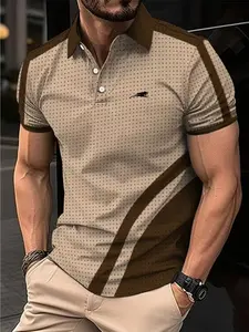 Men's Summer New Large Size Simple Fitted Polo Shirt, Creative Dot Geometric Design, Cheetah Print, Street Casual Theme, Fashionable Short Sleeve Tee