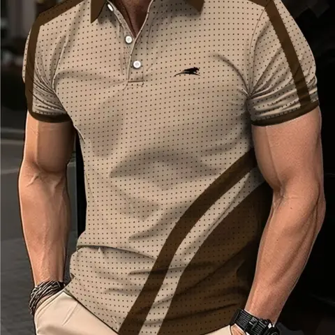 Men's Summer New Large Size Simple Fitted Polo Shirt, Printed Polo Shirts, Menswear, Creative Dot Geometric Design, Cheetah Print, Street Casual Theme, Fashionable Short Sleeve Tee