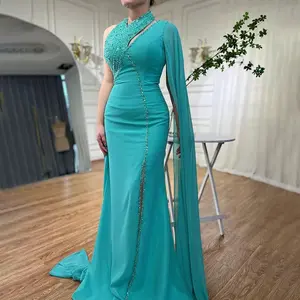 Turquoise Mermaid Evening Gown: 2025 High Split with Cape Sleeves, Beaded Elegance for Women's Wedding Party