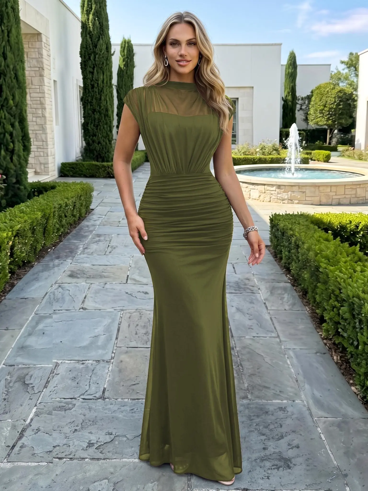 Miusol 55961B Women's Half Collar Elegant Mesh Ruched Slim Formal Party Maxi Dress for Evening Gown for Date Night, Wedding Guest & Parties Formal Wear Womenswear