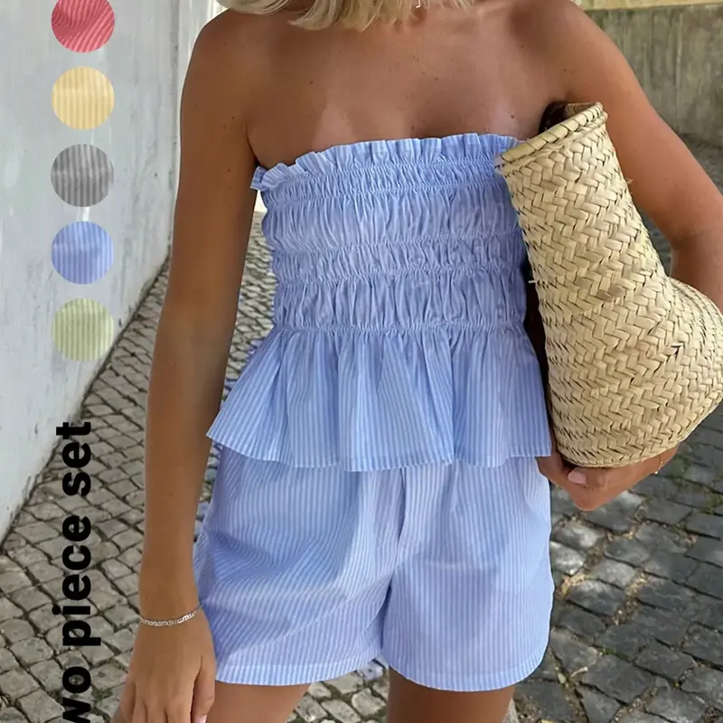 Two-piece Set Women's Striped Print Tube Top & Shorts Set, Casual Strapless Top & Shorts for Daily Wear, Ladies Clothes Womenswear for Summer Outfit Matching