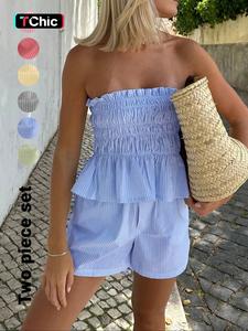 two-piece set women's striped print tube top & shorts set, casual strapless top & shorts for daily wear, ladies clothes for summer, womenswear