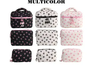 Coquette Bow Print Quilted Makeup Bag Set, Cute Pink Black White Bow Charm Zipper Cosmetic Pouch, Portable Toiletry Organizer Bag with Pearl Bow Pendant for Travel Daily Skincare Lipstick Storage Accessories
