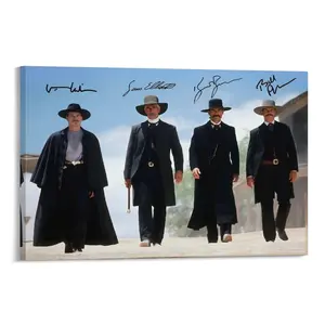 Retro tombstone movie poster, scene of Wyatt Earp, Doc Holliday and the Earp brothers strolling, classic Western-style mural, high-quality aesthetic printed poster