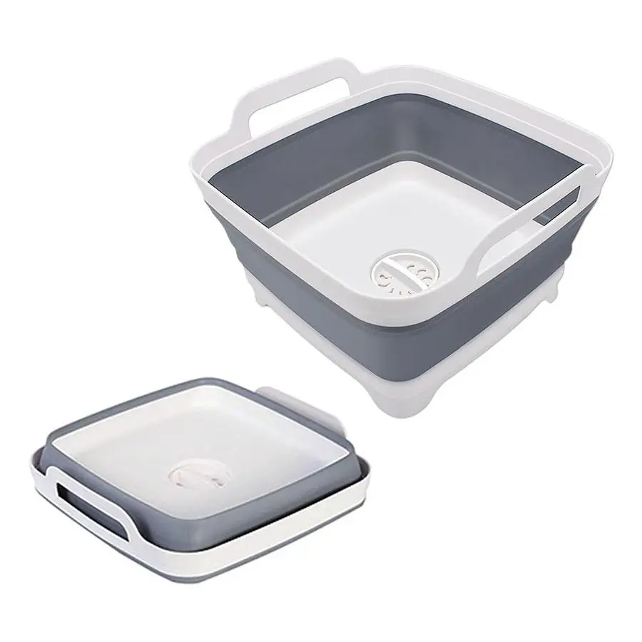 Collapsible Dish Basin with Drain Plug, 1-Count 9 L Space-Saving Multi-Purpose Collapsible Dishwashing Tub, Kitchen Storage Bucket for Indoor or Outdoor Use, Basin Container, Foldable Basin, Home Goods