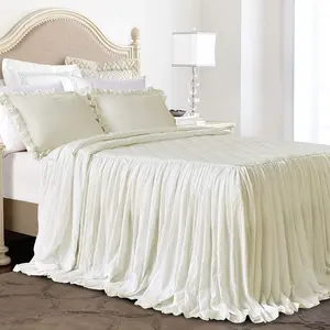 Ivory Elegant Shabby Farmhouse Ruffle Skirt Bedspread Lightweight Queen Size Ruffled Bed Spreads 3 Piece