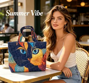 Graduation Summer Travel Quilted Tote Bag Cat Digital Print Shoulder Bag for Everyday Use Summer Beach & Vacation Quilted Tote Bag Spacious Cat Art Print Tote for Work & School Graduation Trip Quilted Tote Bag Lightweight Cat Digital Print Shoulder Bag