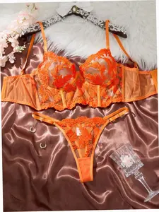 2 Piece Lingerie Set Embroidered Mesh Bright Orange Romantic Date Night