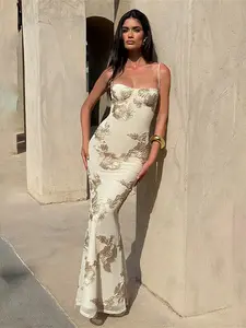Nibber Elegant Flower Embroidery Maxi Dress Women Low-Neck Cross Bandage Backless Summer Street Trend Skinny Holiday Vestidos