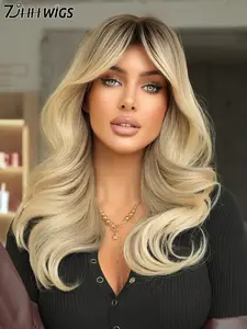 Medium Length Linen Blonde Wavy Wigs for Women 20 Inch Loose Fluffy Wave Curly Curtain Bangs Wig, High Density Full Machine Heat Resistant Fiber Hair Synthetic Costume Wigs for Cosplay Wear, Halloween Carnival & Music Festival Party Wigs Accessories
